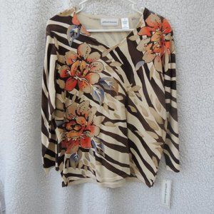 NWT Light & Dark Brown Zebra Print Blouse with Orange & Blue Flowers V-Neck